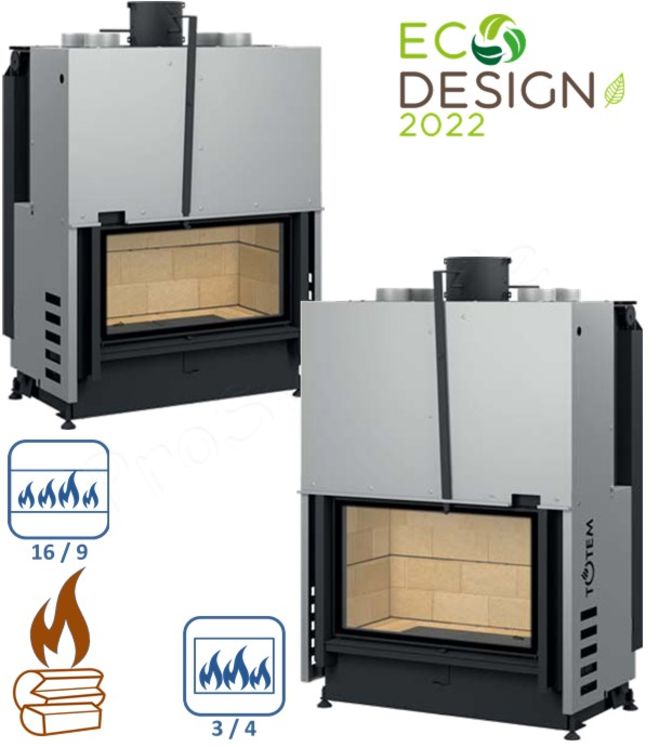 Foyer gamme Technika Frontal Droit 900 Noir, Dimensions hors tout HxLxP = 1745x1118x496, surface de l´âtre (LxP) = 814x296, puissance 8 à 12,5 kW, classe énergétique A