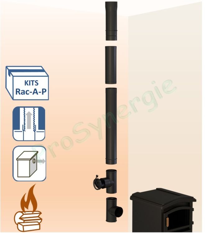 Kit raccordement Email Noir Mat arrière de poêle sur conduit existant plafond - Ø 125 mm