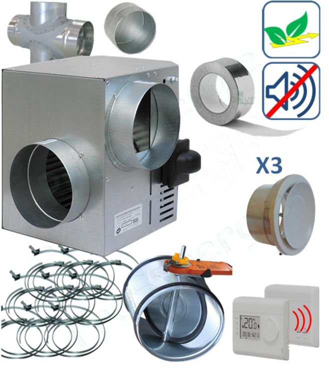 kit récupérateur d'air chaud Emeraude basse consommation, 3 bouches (débit  jusqu´à 300m³/h - 2 à 4 bouches)