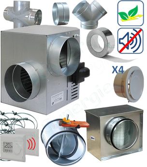 kit récupérateur d'air chaud Emeraude basse consommation, 4 bouches (débit  jusqu´à 400m³/h - 3 à 5 bouches), Avec filtration, Avec registre clapet radiocommandé