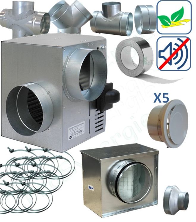 kit récupérateur d'air chaud Emeraude basse consommation, 5 bouches (débit  jusqu´à 550m³/h - 4 à 8 bouches), Avec filtration