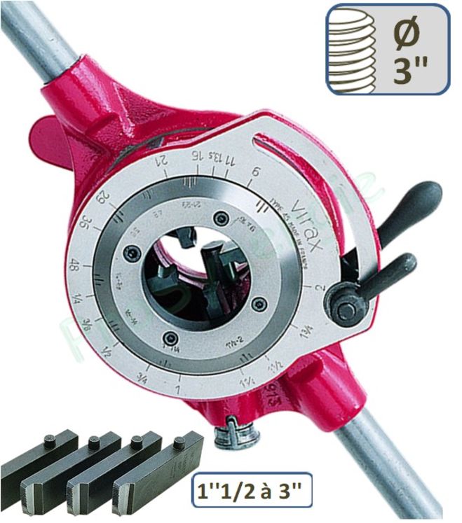 Filière manuelle ajustable à 1 cliquet Tête 1 à 3'' avec jeux de peignes pour Ø 1.1/2 à 2'' et 2.1/2 à 3'' BSPT Droite