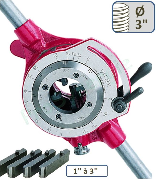 Filière manuelle ajustable à 1 cliquet Tête 1 à 3'' avec jeux de peignes pour Ø 1 à 1.1/4'' et 1.1/2 à 2'' et 2.1/2 à 3'' BSPT Droite