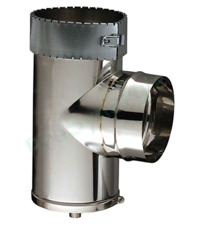 Té tubage inox Pour flexible Ø 130/138mm - Avec purge (TPI) - Ø  80mm Mâle pour tube émail