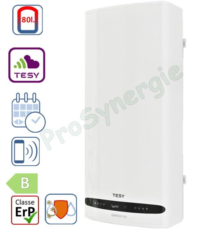 BelliSlimo DRY Cloud 100L - Chauffe eau sanitaire mural (vertical et horizontal) extra-plat 80 litres 230V 1200/2200W connecté classe ERP B - HxLxP = 1279x490x280mm