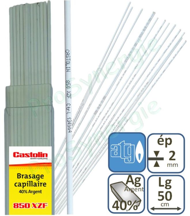 Brasure CASTOLIN 40% Argent Gaz ATG autodécapante du cuivre 850XZF - Soudure frigo - 200 gr ou 1 baguette - Ø 2 mm - Lg 50 cm