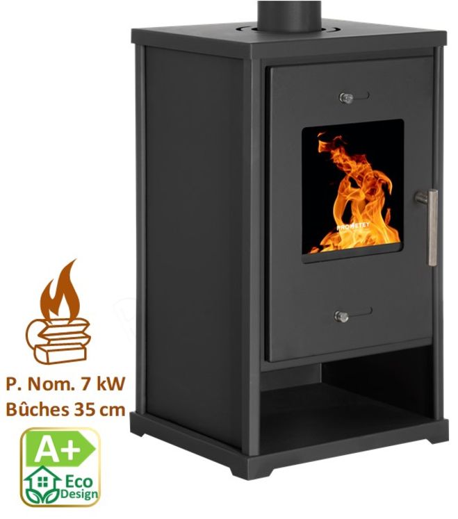 Eko 4 - Poêle à bois ecodesign, classe A+, Puissance nominale 7 kW, Min/Max 4/10 kW, Rendement>82%,  LxPxH = 500x420x790, Noir, Ø conduit de fumées 130 mm