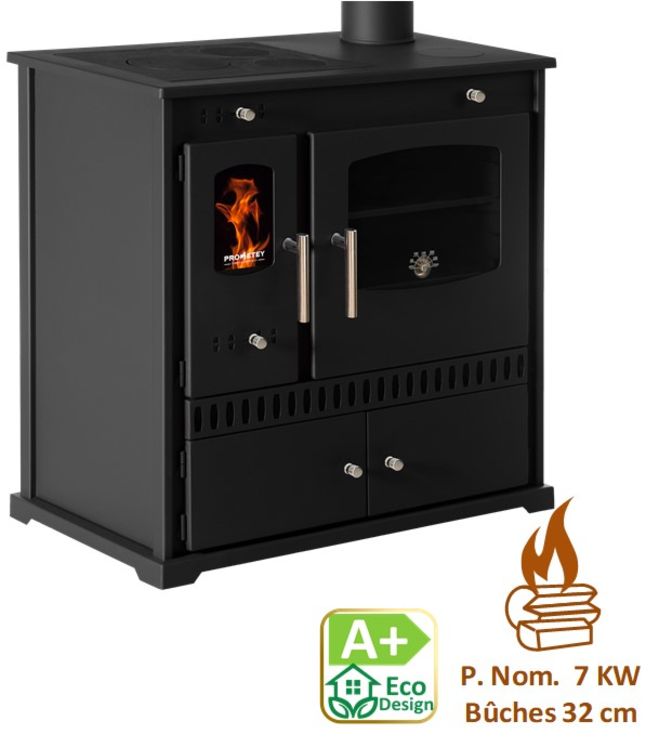 Perfect Eko - Cuisinière à bois, ecodesign, classe A+, Puissance nominale 7 kW, Min/Max 5,5/9,5 kW, Rendement 83,63%, LxPxH = 810x460x800, plaque de cuisson acier,  Ø conduit de fumées 130 mm