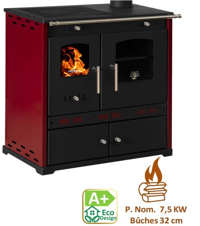 Perfect Eko Lux - Cuisinière à bois, ecodesign, classe A+, puissance nominale 7,4 kW, Min/Max 6/10 kW, Rendement 83,63%, LxPxH = 850x500x780, plaque de cuisson acier, jaquette Bordeaux, Ø conduit de fumées 130 mm