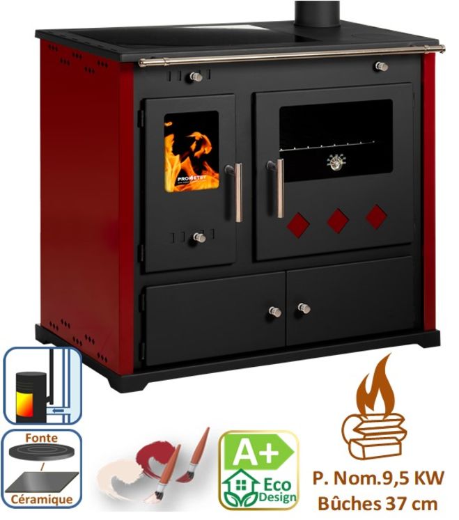 Practik Lux - Cuisinières à bois ecodesign, classe A+, Puissance nominale 9,5 kW, Min/Max 7,5/12 kW, Rendement 87,54%, LxPxH = 930x530x840, Ø conduit de fumées 130 mm