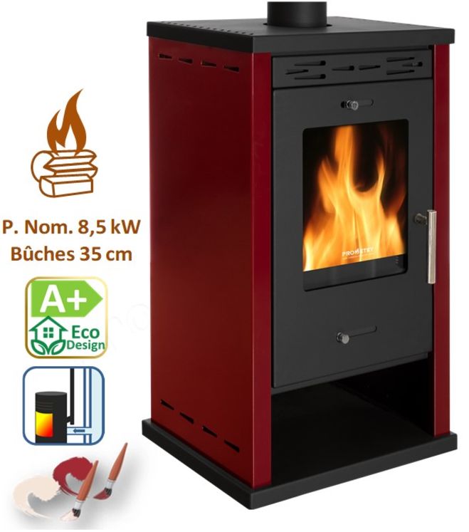 Eko3 - Poêle à bois ecodesign Classe A+, Puissance nominale 8,5 kW, Min/Max 5/12 kW, Rendement 82,04%, LxPxH = 530x440x890, Ø conduit de fumées 130 mm