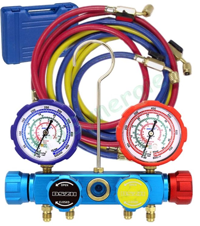 Mallette Manifold Bypass 4 Voies R410 R32 R407 R134 avec quatre flexibles avec vanne coupure 1/4´´ - 5/16´´