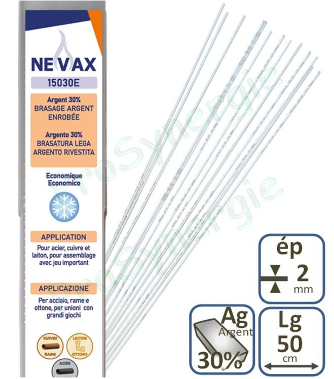 Brasure Névax 30% Argent autodécapante du cuivre 15030E - Soudure frigo - 500 gr - Ø 2 mm - Lg 50 cm