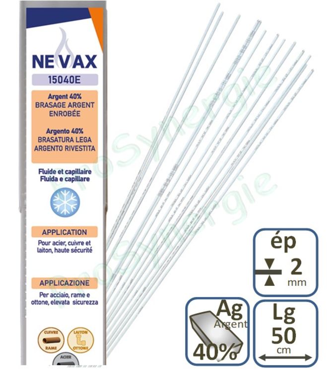 Brasure Névax 40% Argent autodécapante du cuivre 15040E - Soudure frigo - 500 gr - Ø 2 mm - Lg 50 cm