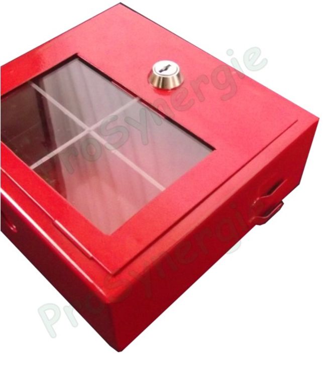 Coffret sous verre dormant acier laqué rouge (LxHxP= 155x165x60mm), porte avec vitre brisable et remplaçable en plexiglass + barillet serrure H520 avec clefs