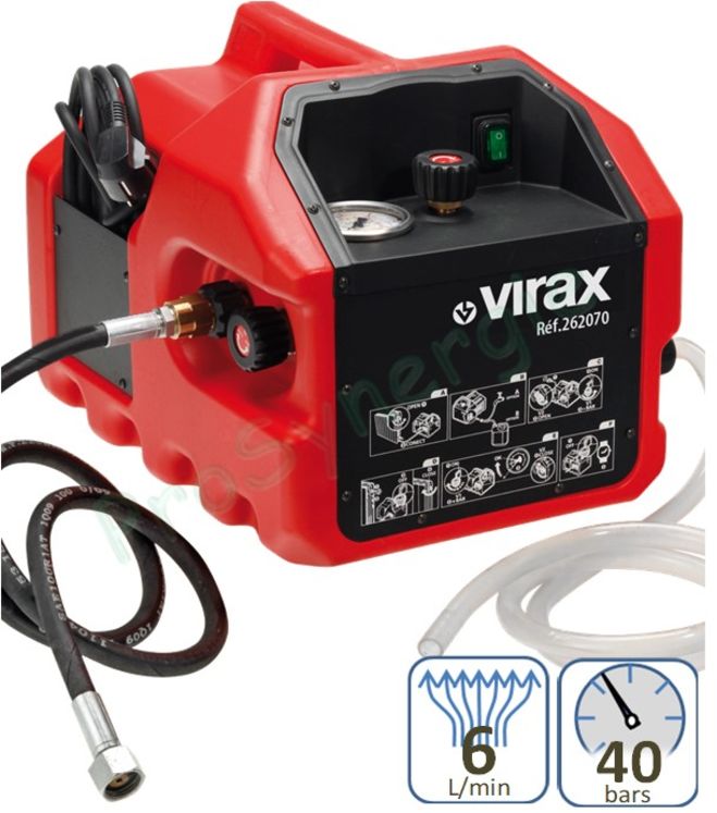 Pompe d´épreuve électrique Virax 40 bars (6 litres/min) auto aspirante à 1m + 2 tuyaux flexibles (1,2m haute pression et 1.3m aspiration)