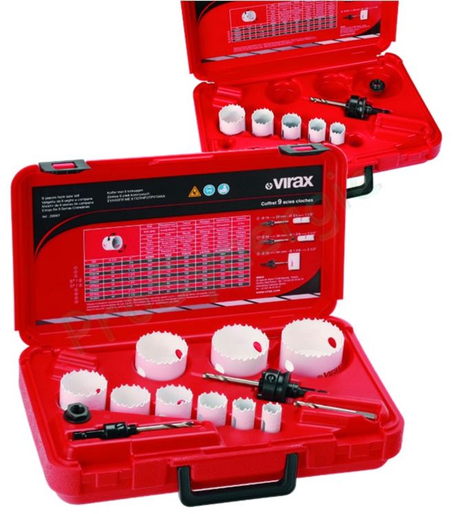 Coffret de 5, 9 ou 12 scies trépan HSS Virax - Ø 16 au 76 mm - avec porte trépan et foret centreur