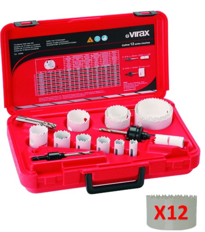 Coffret de 12 scies trépan HSS : 16-19-22-25-29-32-35-38-44-51-64-76 mm