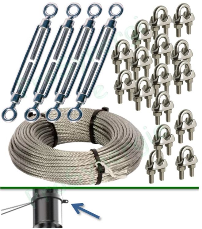 Kit d´accessoires pour collier hauban (câble, 4 tendeurs et 16 serres-câble)