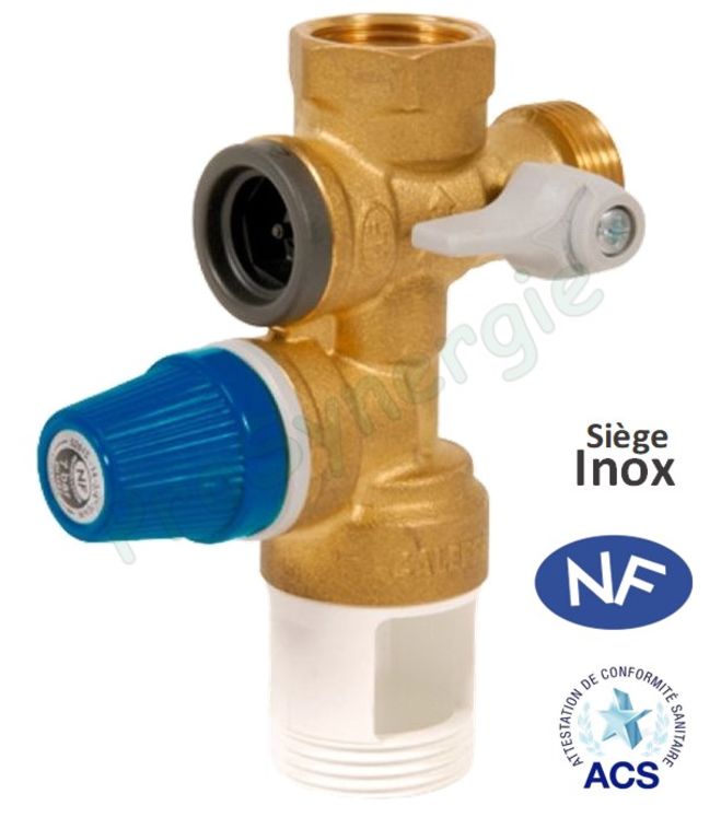 Groupe de sécurité laiton NF siège inox vertical ØF 3/4´´ pour chauffe-eau (vanne + clapet + soupape 7 bars)