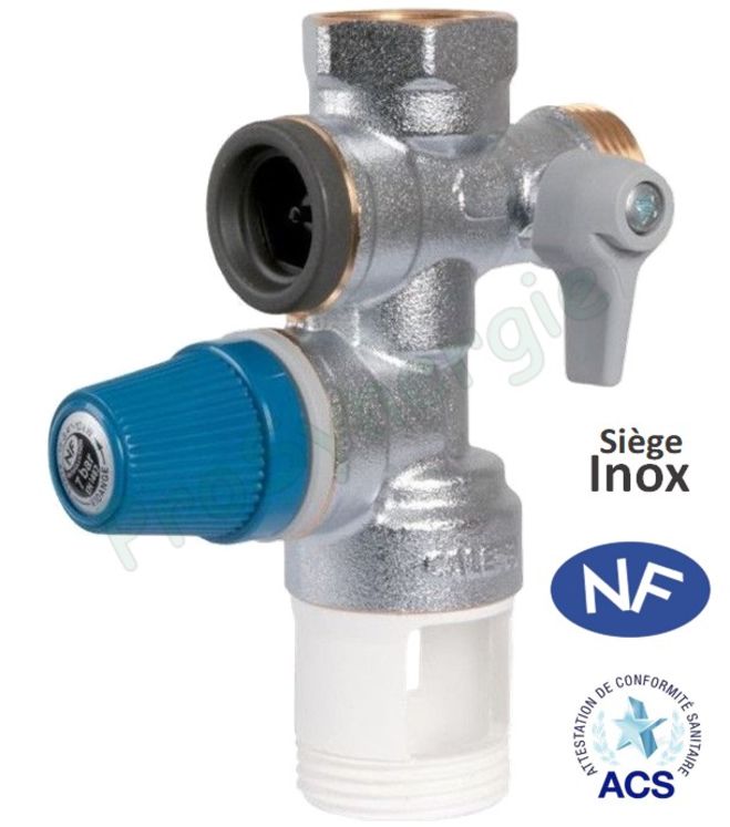 Groupe de sécurité laiton nichelé NF siège inox vertical ØF 1/2´´ pour chauffe-eau (vanne + clapet + soupape 7 bars)