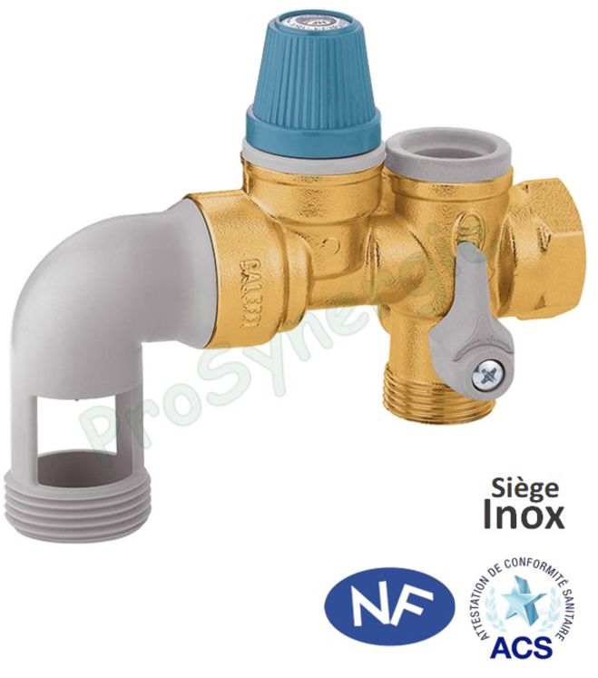 Groupe de sécurité laiton NF siège inox horizontal ØF 3/4´´ pour chauffe-eau (vanne + clapet + soupape 7 bars)