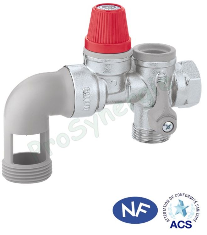 Groupe de sécurité laiton nichelé NF horizontal ØF 3/4´´ pour chauffe-eau (vanne + clapet + soupape 7 bars)