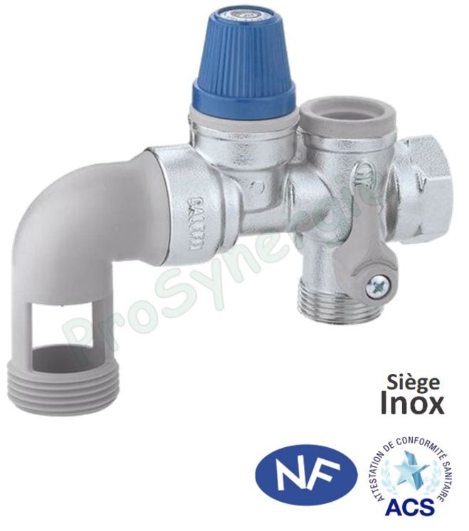 Groupe de sécurité laiton nichelé NF siège inox horizontal ØF 3/4´´ pour chauffe-eau (vanne + clapet + soupape 7 bars)