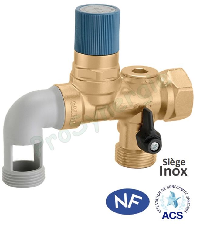 Groupe de sécurité laiton nichelé NF siège inox horizontal ØF 1´´ pour chauffe-eau <18kW (vanne + clapet + soupape 7 bars)