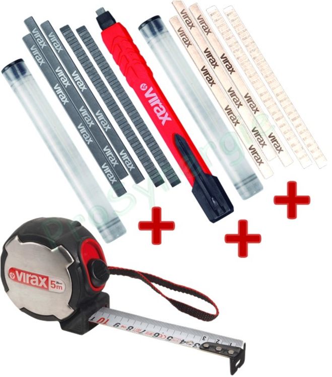 Lot Mesure et traçage Virax (Mètre ruban 5m + Crayon de chantier + 5 mines noires + 5 mines blanches)