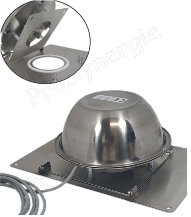 Extracteur de fumée Inox maxi. 250°C (ØxH=242x140mm) 230V 32W (câble souple isolé HT°) raccordement souche de cheminée embase 375x245mm pour chaudière brûleur granulés <50KW (PV20/30/50)