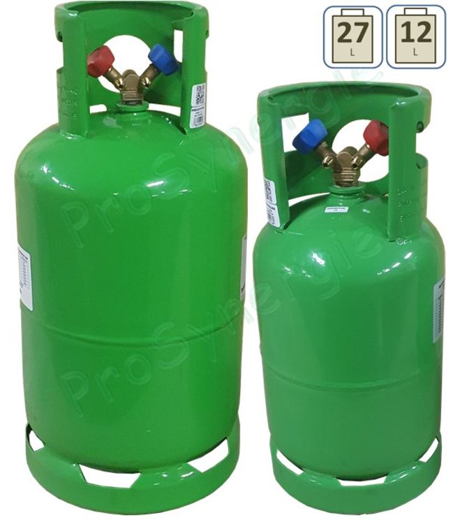 Bouteille de récupération 12,5 ou 27,2L L - Bouteille verte - Vanne double 1/4'' SAE pour la récupération Gaz Frigo