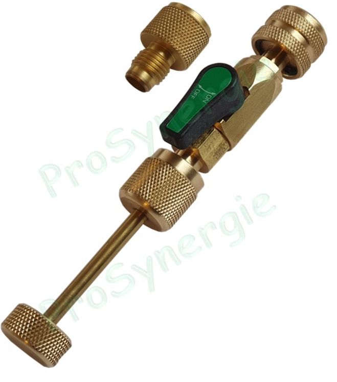 Outil démonte et remplace valve Schrader Raccord 1/4´´ et 5/16´´ SAE avec ou sans Sortie 1/4´´ et / ou Vacuemètre