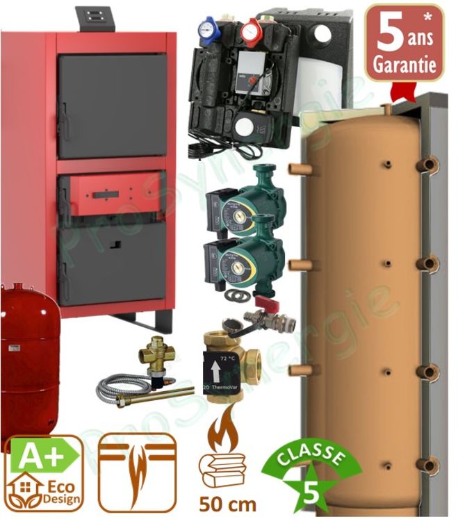 Kit chaudière bois bûche LCG gazéification classe 5 (A+) 40KW + Ballon 1000L + vannerie, sécurité thermique et relève de température + Vase 150 litres