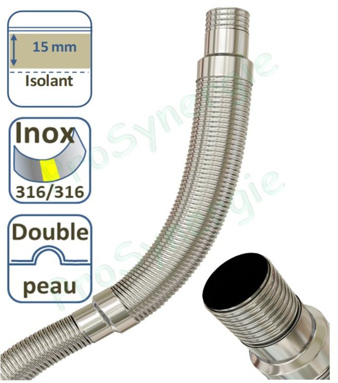 Tubage Ø150mm TEN Liss Semi-isolé (isolé sur 3 mètres) - Double Peau Inox 316L Intérieur/Extérieur