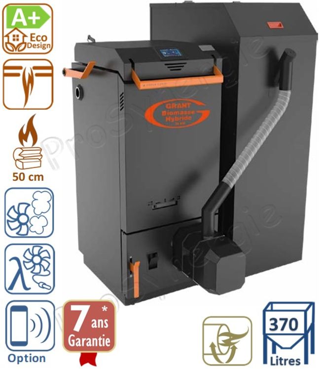 GRANT - Chaudière Hybride Bois-Pellet 26 kW, Classe A+, sonde lambda (régulation de l´air de combustion), bûches 50 cm, chargement par le haut (1 100 mm), brûleur rotatif 25 kW, changement de combustible automatique