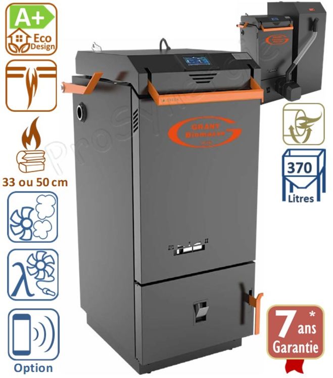 Chaudière Biomasse Bois-bûche ou hybride Bois - Pellet 18 ou 26 kW, Classe A+, Rendement 91-94%, sonde lambda (régulation de l´air de combustion), chargement par le haut (H 1,1 m)