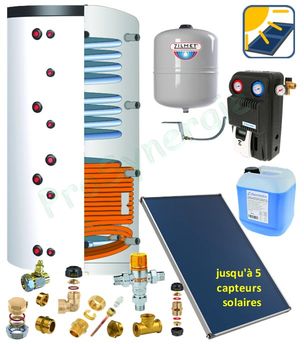 Pack solaire complet pour préparateur Eau chaude sanitaire (semi-instantanée) et chauffage Capacité 800L comprenant 4 capteurs solaires avec kit de fixation inclus pour toiture tuiles
