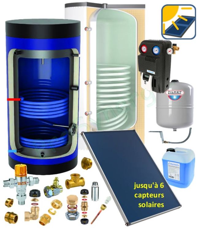 Pack solaire complet pour préparateur Eau chaude sanitaire (avec résistance électrique d´appoint) et chauffage (ballon tampon) avec soutien primaire Capacité 300L comprenant 4 capteurs solaires avec kit de fixation inclus pour toiture tuiles