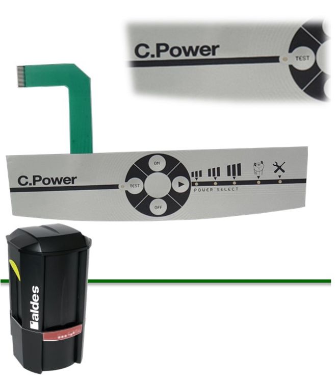 Façade de commande adhésive polyester 4 boutons (M/A) + 5 leds (sac, défaut, puissance, test) pour aspirateur C.Power