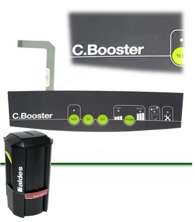 Façade de commande adhésive polyester 4 boutons (M/A) + 5 leds (sac, défaut, puissance, test) pour aspirateur C.Booster