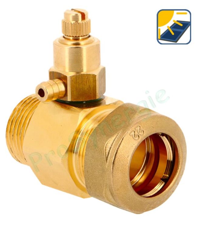 Raccord avec purge manuelle 3/4" M pour tube cuivre recuit ou écroui, laiton, acier doux et inox Ø 22 mm pour installation solaire