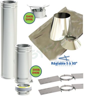 Kit S/Rampant - Conduit cheminée Isolé (Duoten) hauteur utile 1,4 mètres Int./Ext. = Inox 304 / (I 304 ou Galva) - Øint/ext 80/130mm