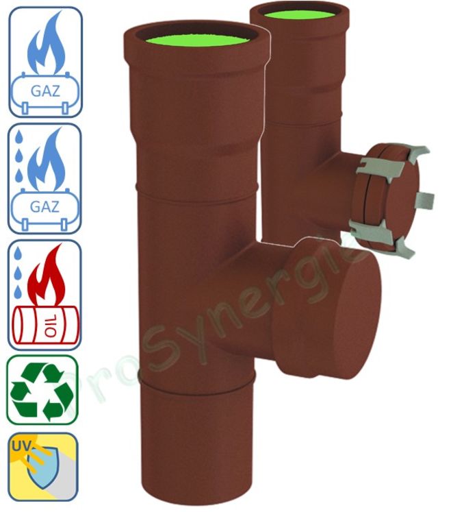 Té vertical avec tampon de visite pour conduit de fumées rigide Technaflon PVDF avec joint viton, Ø 75 à 250 mm