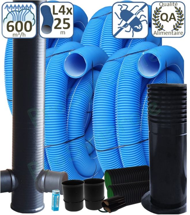 Kit puits canadien Performance 600m3/h contenant 4x25ml Echangeur CR6 anti-statique & bactérien - Prise d´air élégance - Regard piq. Soudé - 2 Trav dalle/mur