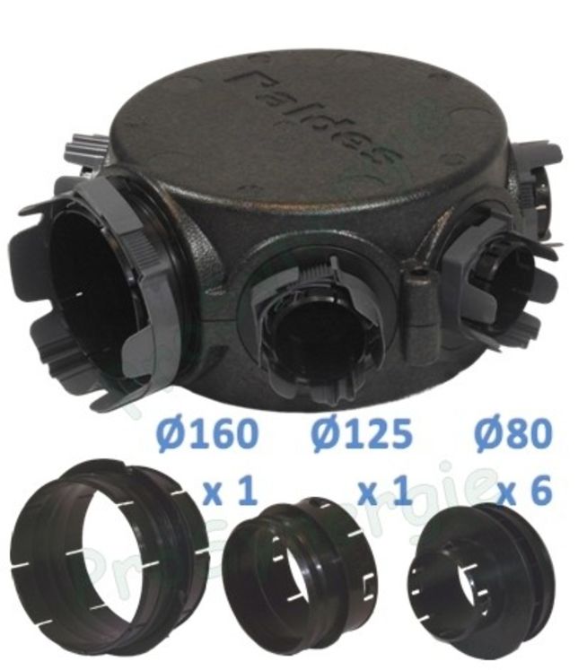 Caisson de répartition de réseau d´insufflation ou extraction - 1 piquage en Ø 160mm - 1 piquage en Ø 125mm et 6 piquages en Ø 80mm