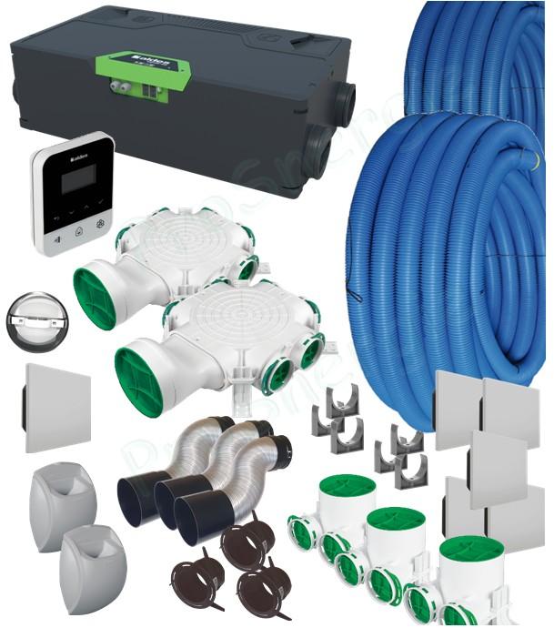Kit Ventilation Double flux Aldes InspirAIR® Side 300 + Télécommande + ensemble 3+5 bouches + 2 répartiteurs + Flexigaine 2x 50m Ø75mm 