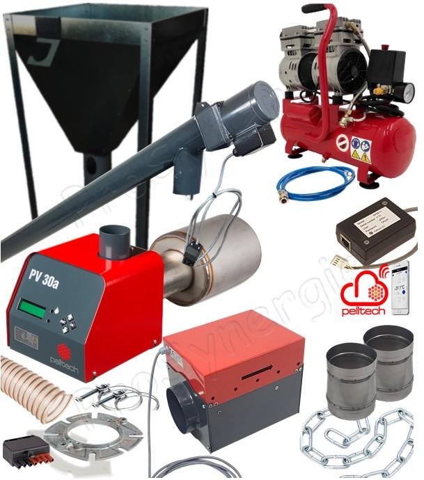 Kit Brûleur granulés Pelltech (remplacement brûleur fioul / gaz) + Vis + Compresseur nettoyage automatique (PV20 et 30) + extracteur de fumée et module connecté