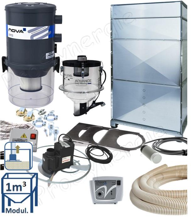 Kit automatique transfert de granulés à partir d´un stockage fond plat (1m³) avec une taupe (suspendu au plafond), vers le remplissage d´un poêle/chaudière avec un doseur