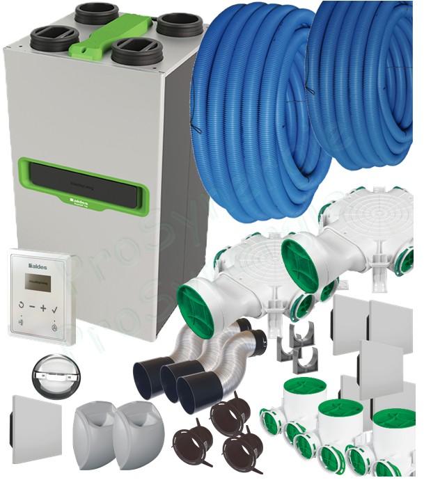 Kit Ventilation Double flux Aldes InspirAIR® Top 300 Classic + Télécommande + ensemble 3+5 bouches + 2 répartiteurs + Flexigaine 2x 50m Ø90mm